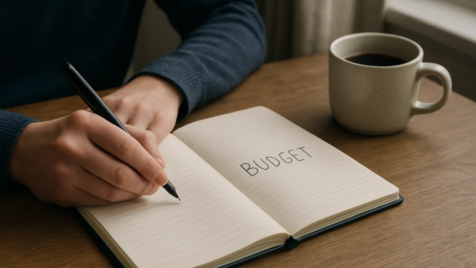 Editorial close-up of hands writing in a paper budget notebook be