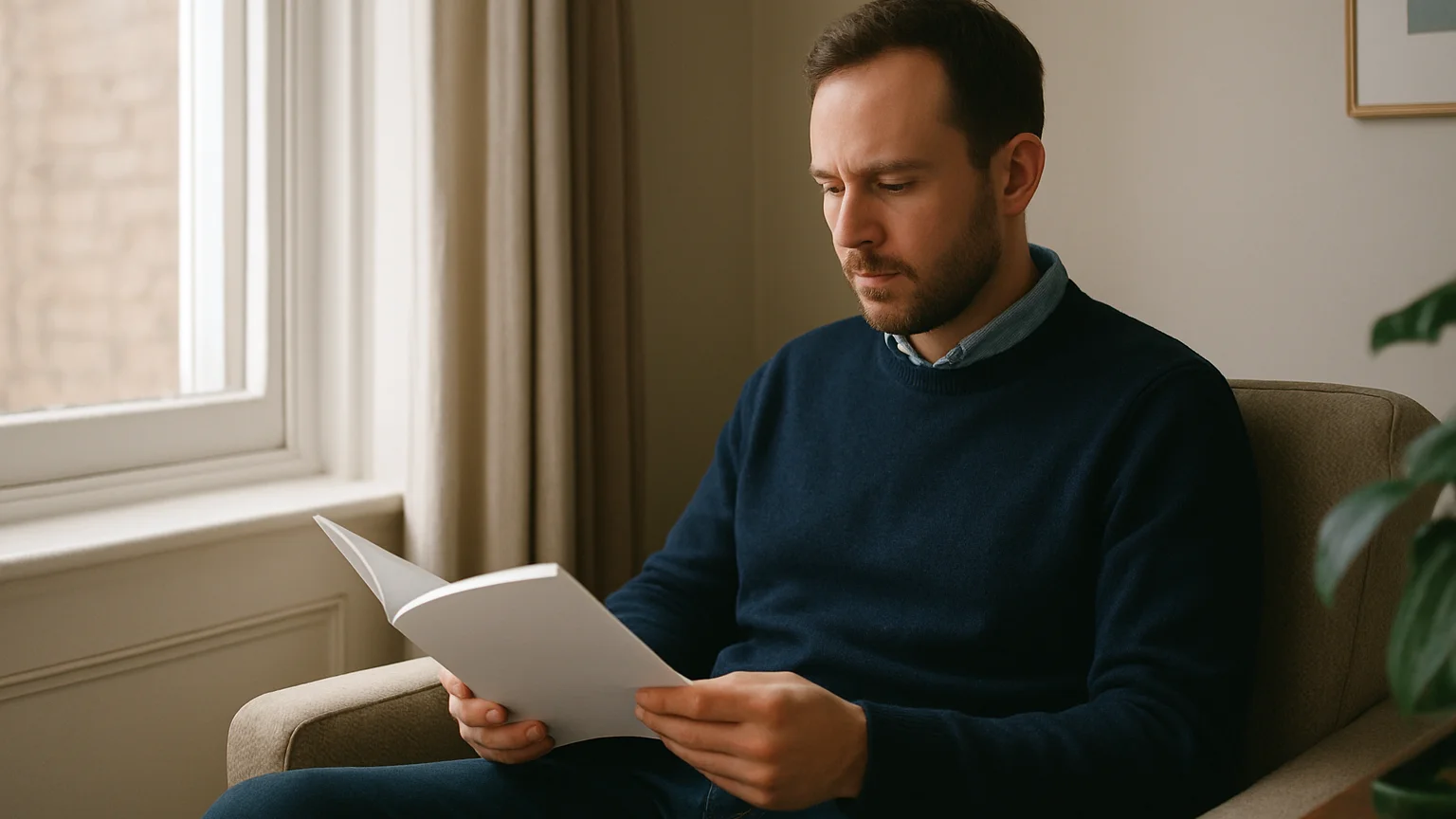 Editorial photograph of a person seated by a window reading a pri