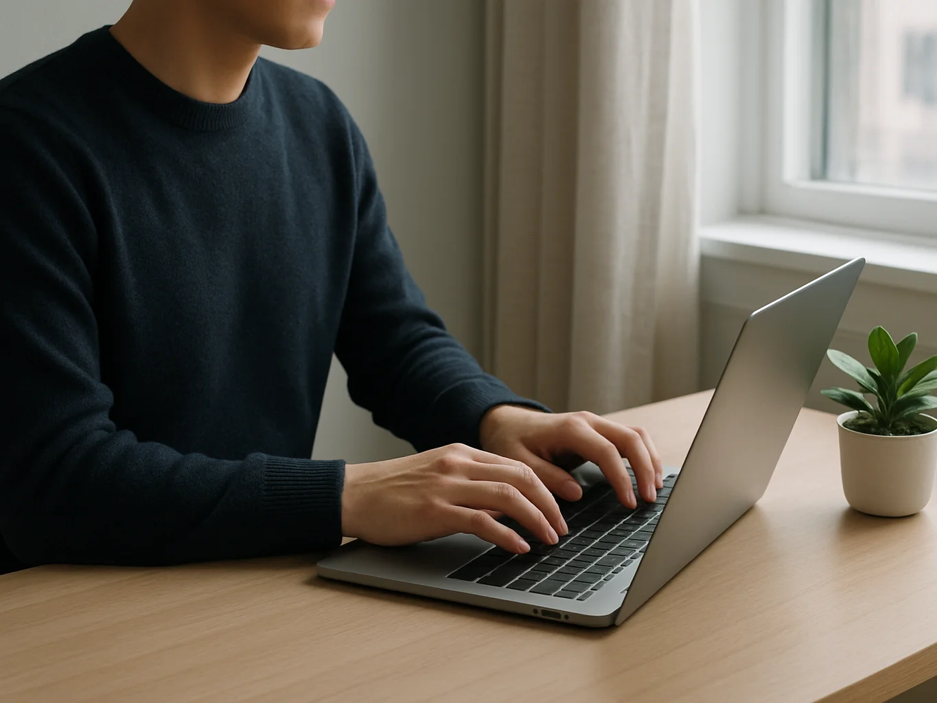 Editorial photograph of a person at a desk with a laptop and a sm