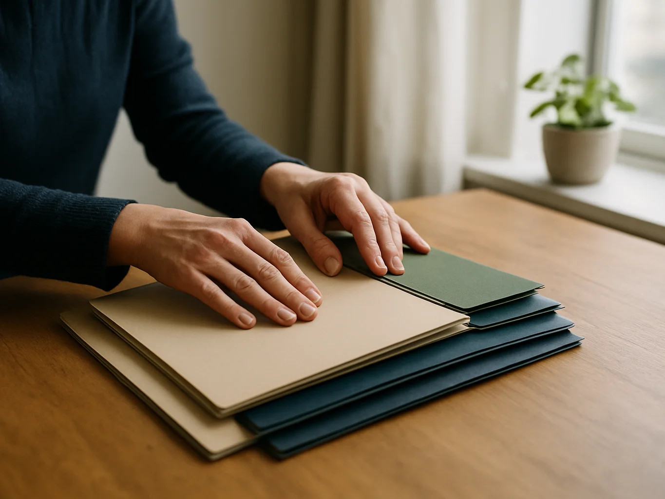 Editorial photograph of hands organizing a set of folders on a wo