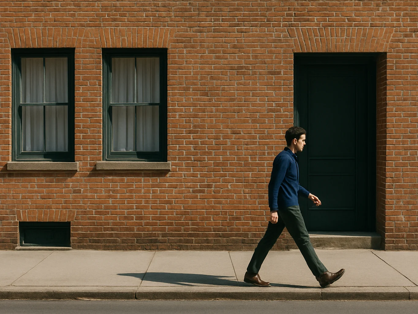Editorial photograph of a person walking past a quiet brick build