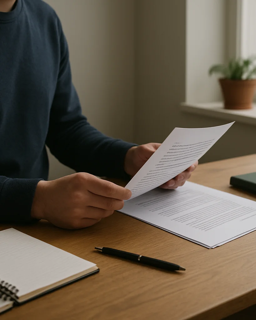 Editorial photograph of a person reviewing printed paperwork at a