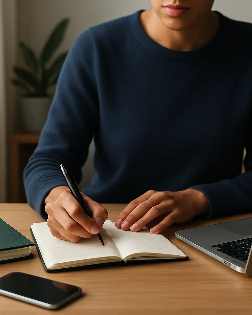 Editorial photography of a person at a home desk with a notebook