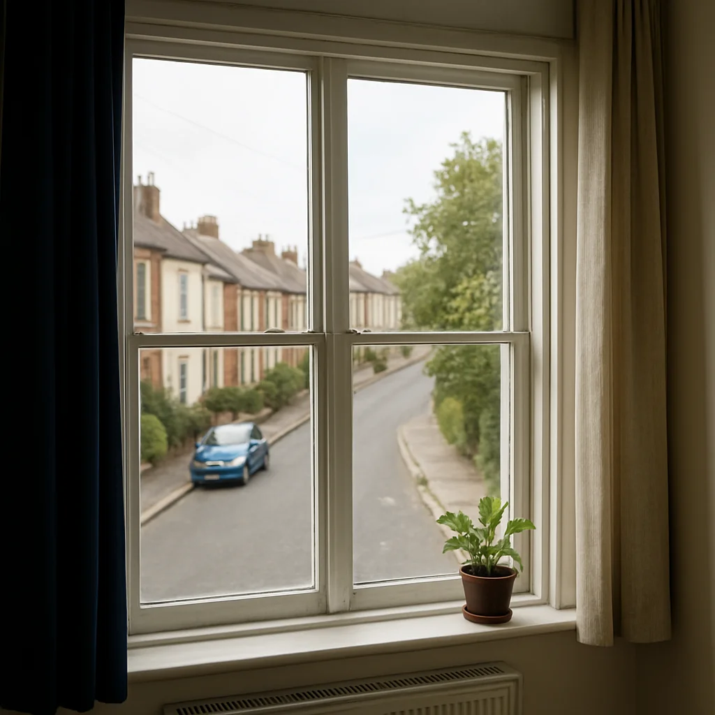 Editorial photograph of a window with a view of a quiet residenti