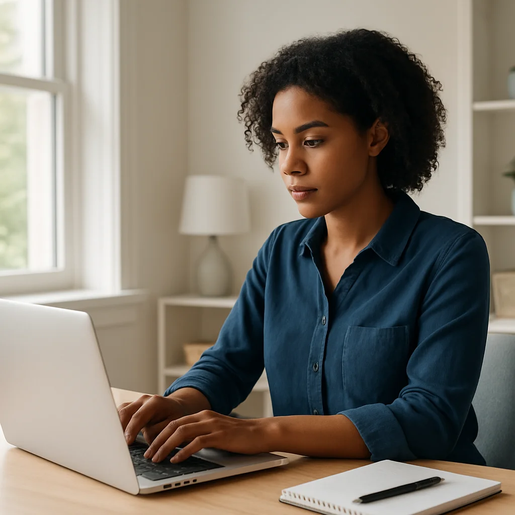 Editorial photograph of a person working at a laptop in a bright