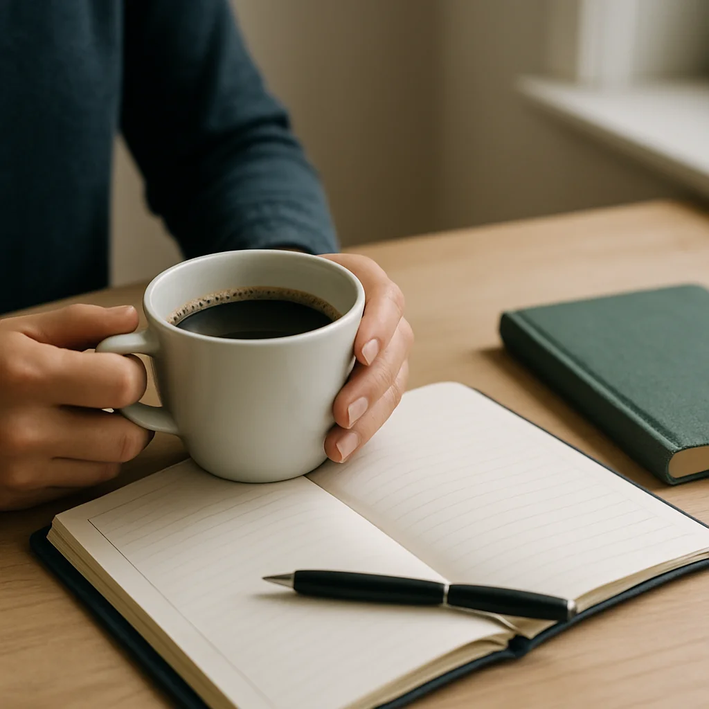 Editorial photograph of hands holding a coffee cup near a planner