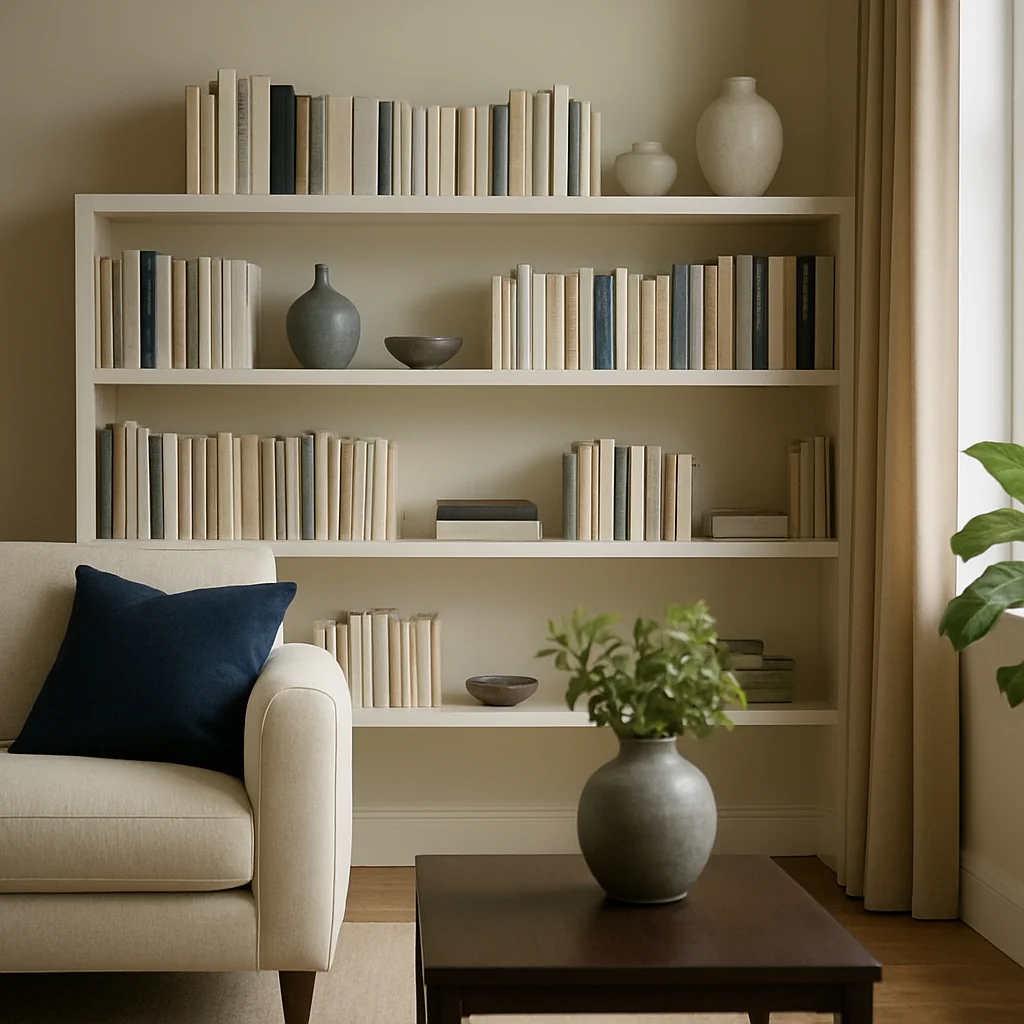 Editorial photograph of a bookshelf in a sunlit living room, unde