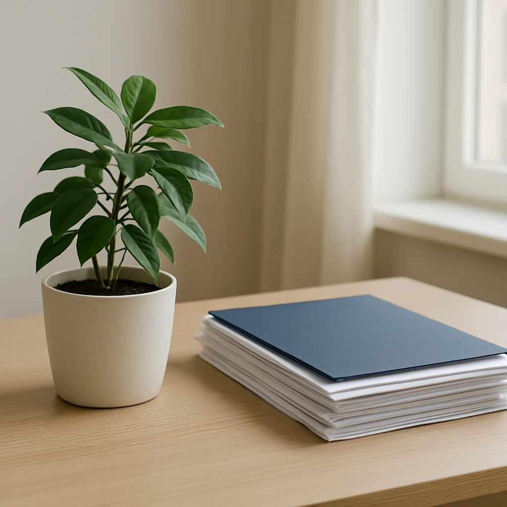 Editorial photograph of a potted plant beside a stack of document
