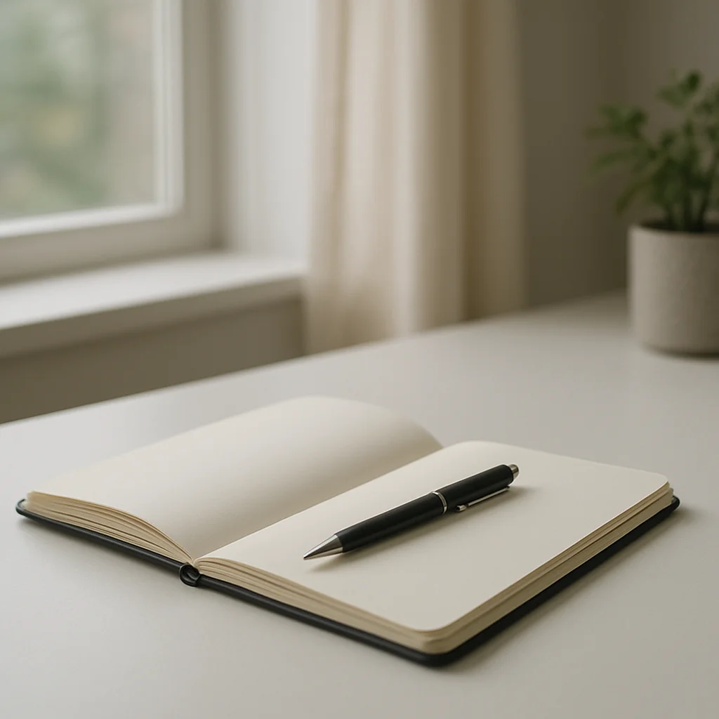 Editorial photograph of a notebook and pen on a white desk, soft